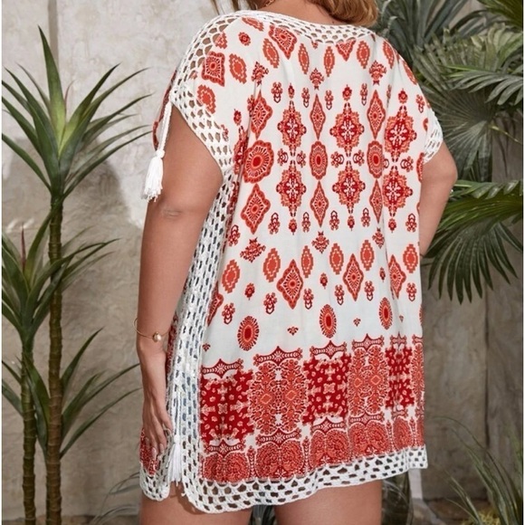 Swimsuit Coverup Top Damask Print Tassel Lace Up Crochet Batwing Plus size - Picture 10 of 12
